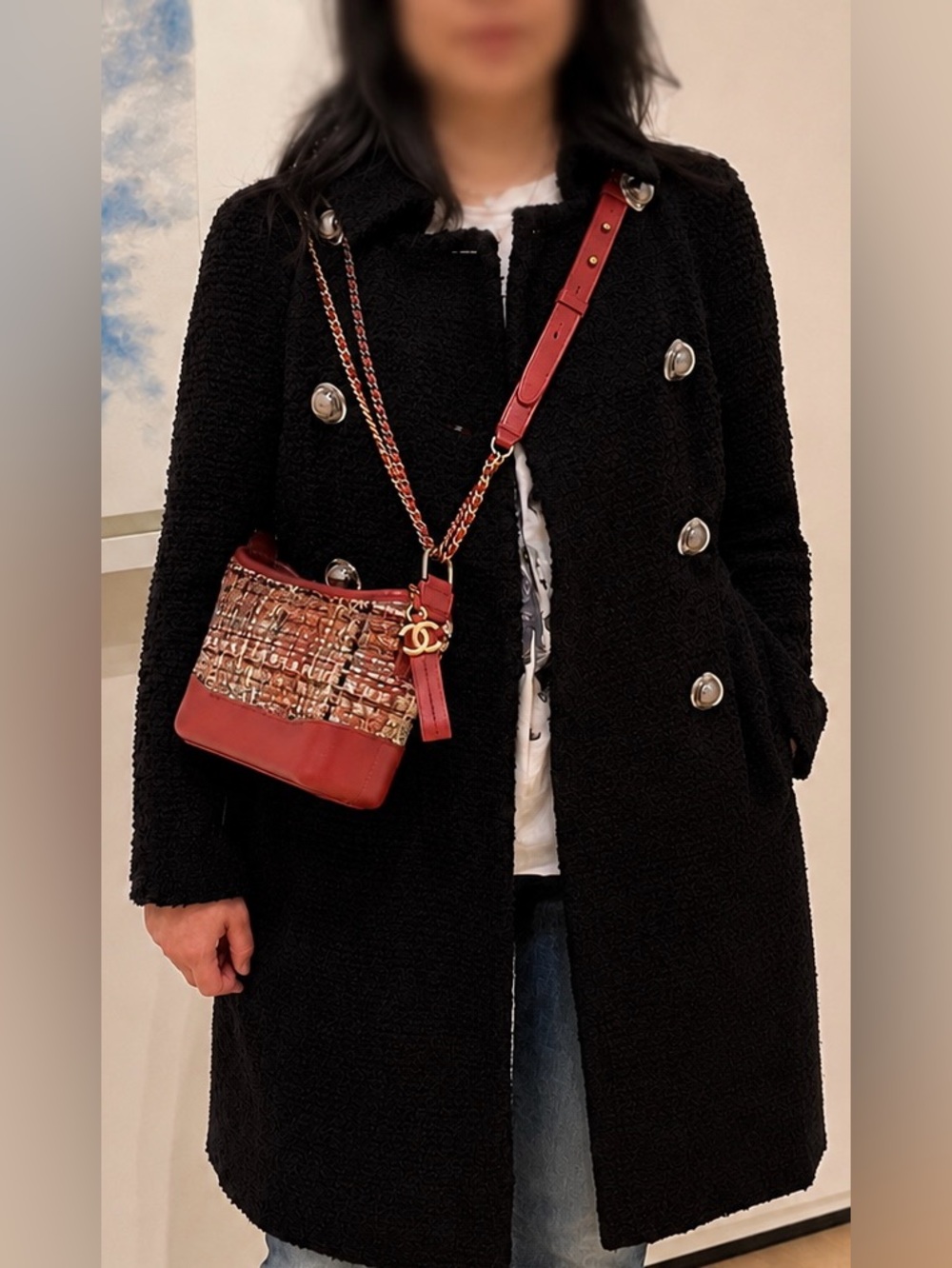 CHANEL Small Gabrielle Red Tweed and Leather Crossbody with Gold CC Charm